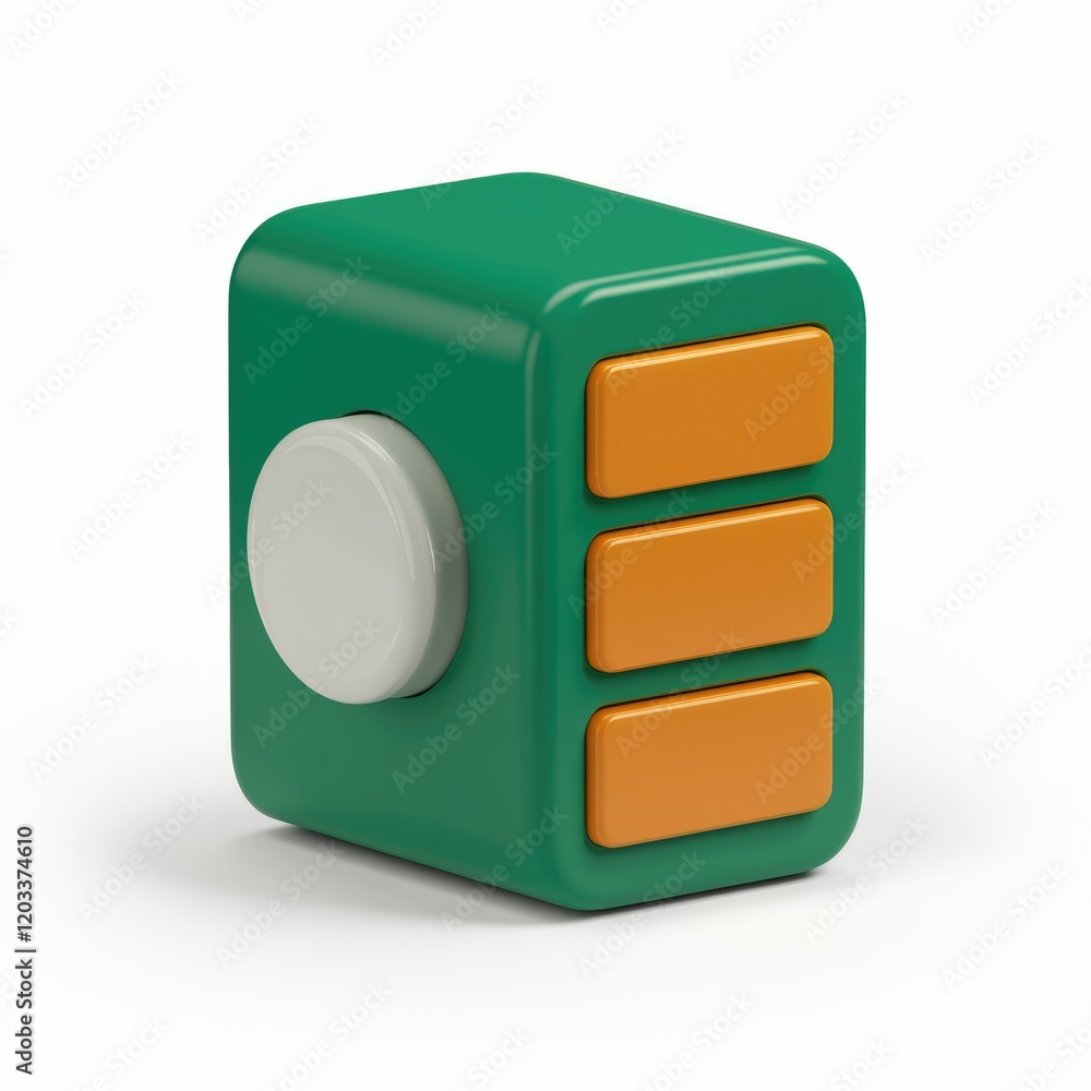 Poster A 3D rendered green box with a circular button and three orange horizontal bars.