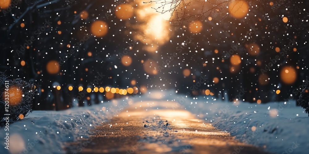 Poster abstract snow-covered village path with subtle snowflakes, warm glowing lights, minimal snow on the 