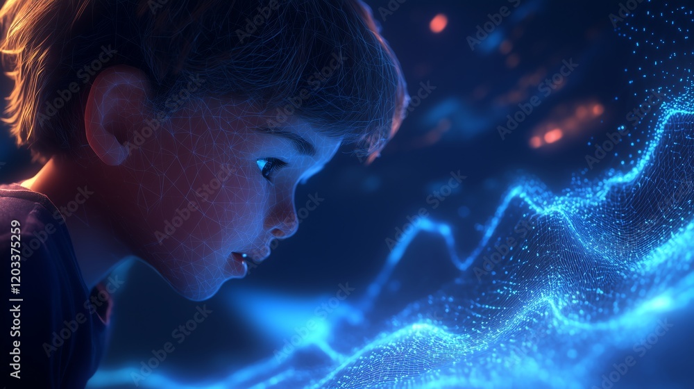 Poster close-up shot of a child interacting with a virtual environment, surrounded by waves of big data str