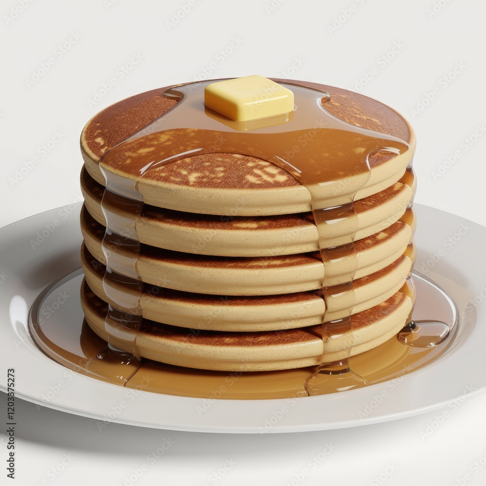 Poster a stack of fluffy pancakes drizzled with maple syrup and topped with a pat of butter.