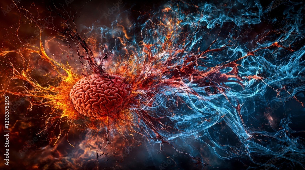 Poster Neural energy that builds or destroys brain dynamics in a colorful explosion of thought digital art abstract concept