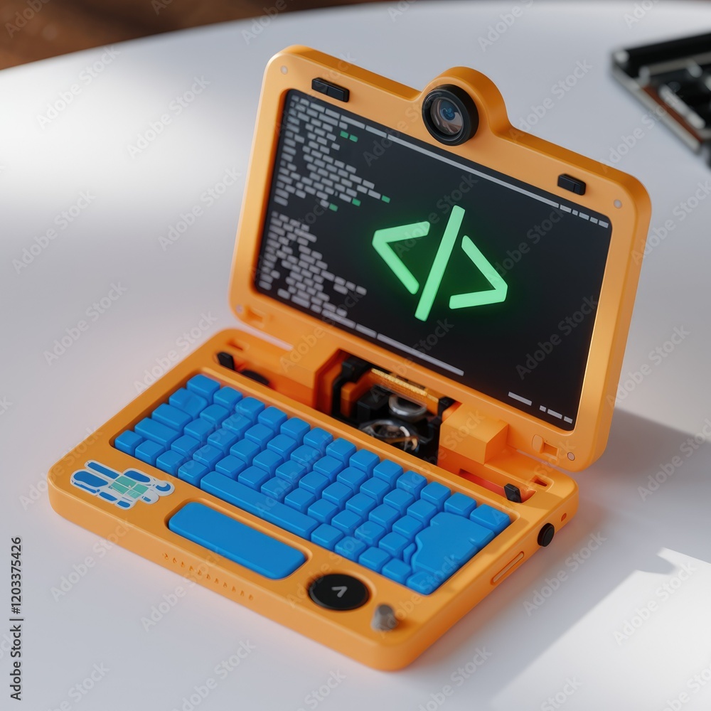 Poster A miniature orange laptop displaying code, symbolizing programming and technology.
