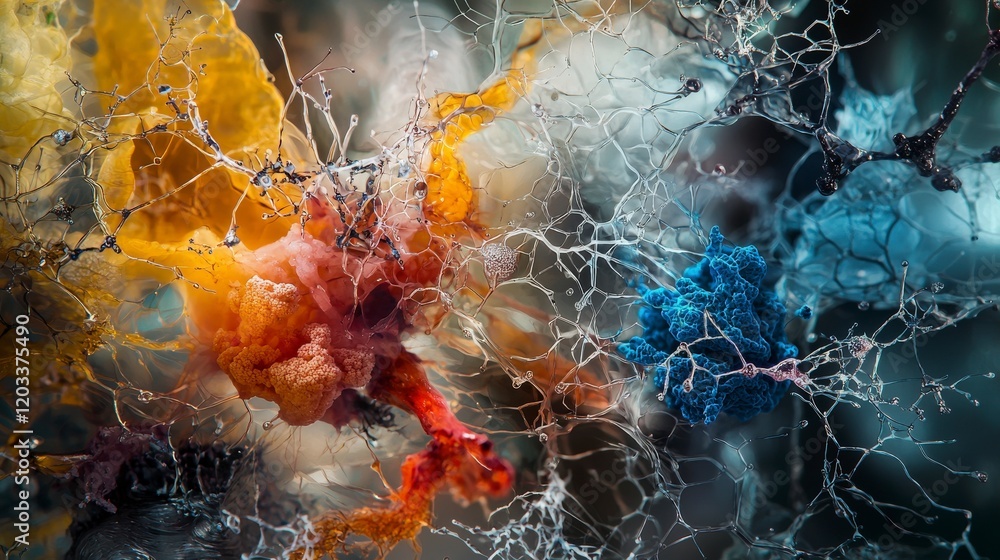 Aufkleber Exploring overlapping dimensions of microstructures abstract environment art fluid dynamics colorful textures
