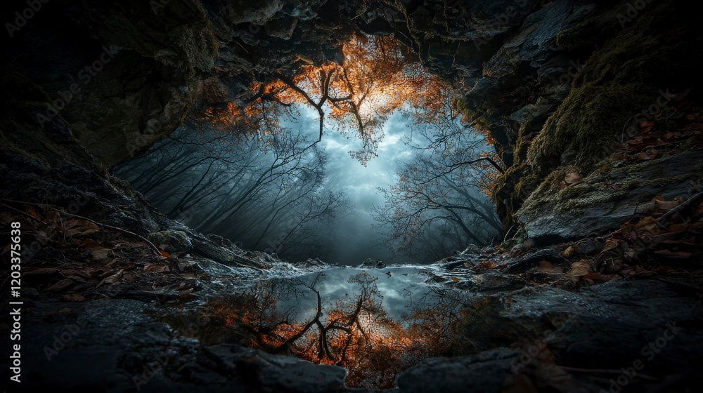 Aufkleber mysterious forest reflections enchanted cave digital art ethereal atmosphere low angle perception cr