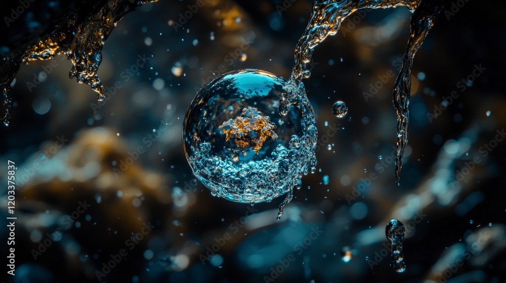 Poster Water droplet reflection nature macro photography close-up underwater creating new worlds through symbols