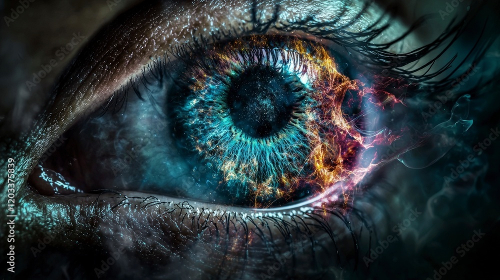 Poster exploring perception beyond limits eye digital art surreal environment close-up visionary concept