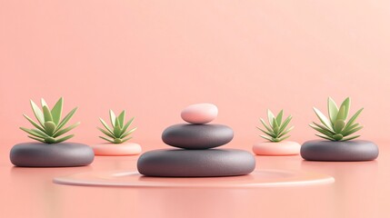 Serene Stacked Stones and Succulents Pink Background Minimalist 3D Render