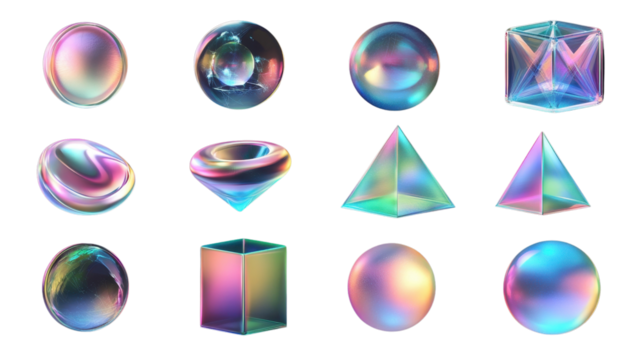 Glossy colorful 3D shapes and symbols with diamond and round elements