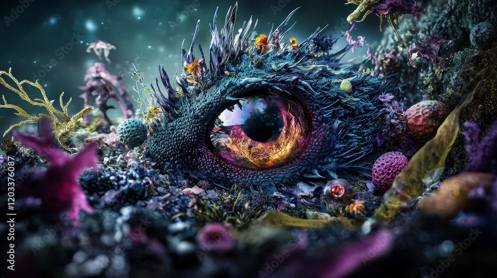 Poster enigmatic eye of a mythical creature fantasy realm digital art surreal environment close-up view sub