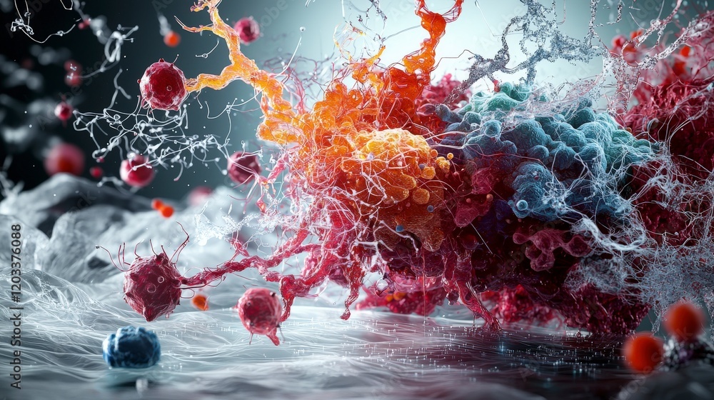 Poster Dynamic interactions of microbial life lab environment digital art vivid colors abstract viewpoint creative subsystems