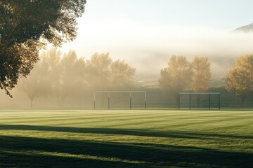 Serene Morning on a Foggy Soccer Field with Lush Green Grass and Vibrant Autumn Trees in the Background Under Soft Natural Light