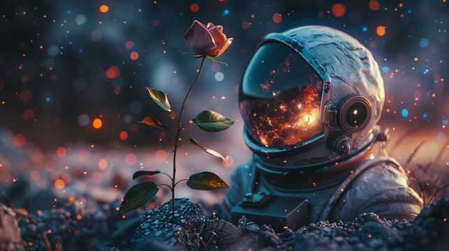 An astronaut helmet, broken and abandoned, with a rose sprouting from it, set against a detailed galaxy and nebula background, 8k octane render with volumetric lighting