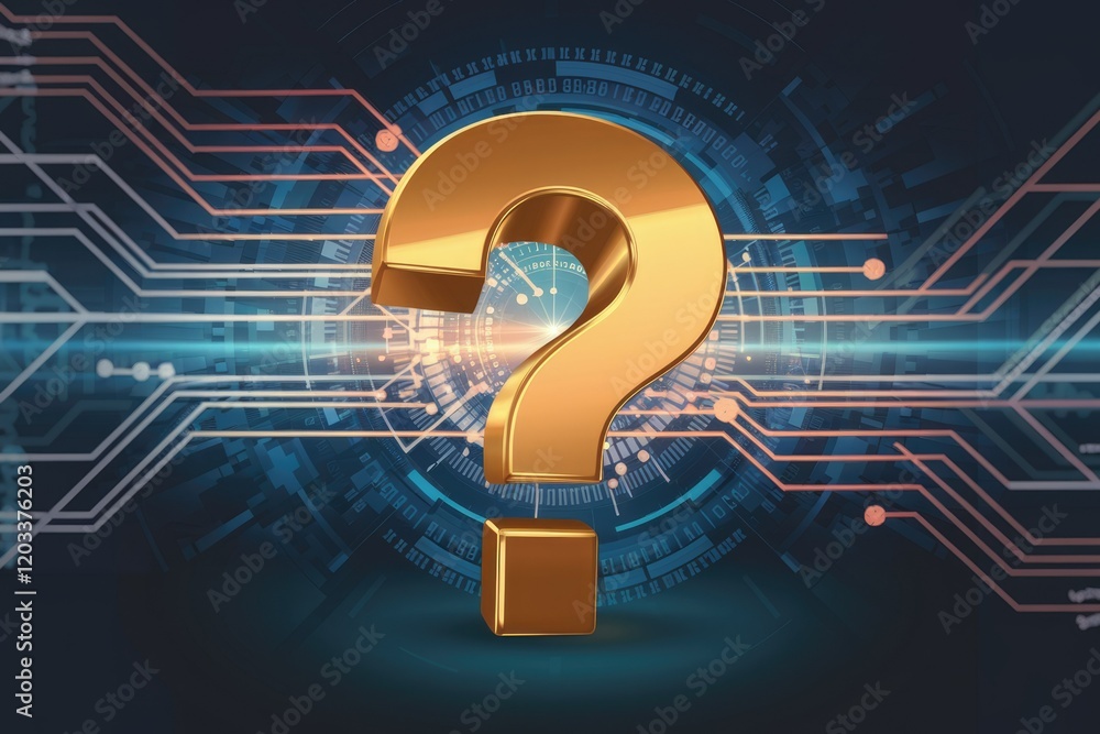 Aufkleber A golden question mark against a technological backdrop symbolizes uncertainty and technological questions.