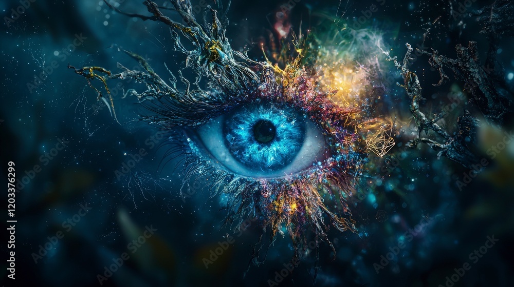 Poster exploring new worlds through symbols a vibrant eye capturing imagination in a mystical environment
