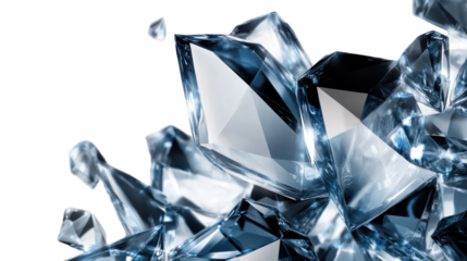 Shiny diamonds and gems on a clear blue background with reflections, creating a luxurious and transparent crystal-like effect