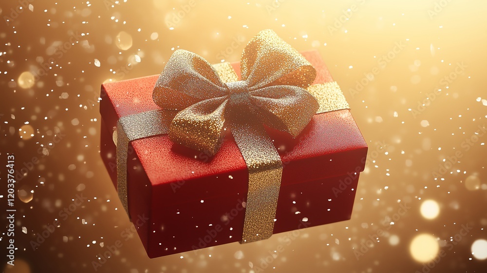 Poster a luxurious red gift box with a large golden bow, seen from a diagonal angle, set against a soft gol