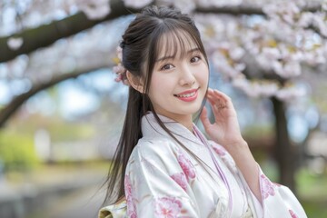 A young woman in a floral kimono smiles gently, posed against a backdrop of blossoming cherry trees.