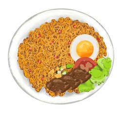illustration of a plate of fried noodles topped with sunny side up egg, sliced ​​meat and lettuce.