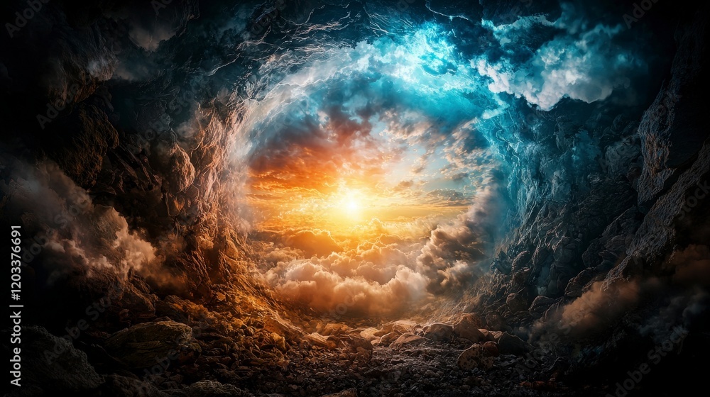 Poster Exploring the empty space between realities a surreal landscape of light and shadow at dawn