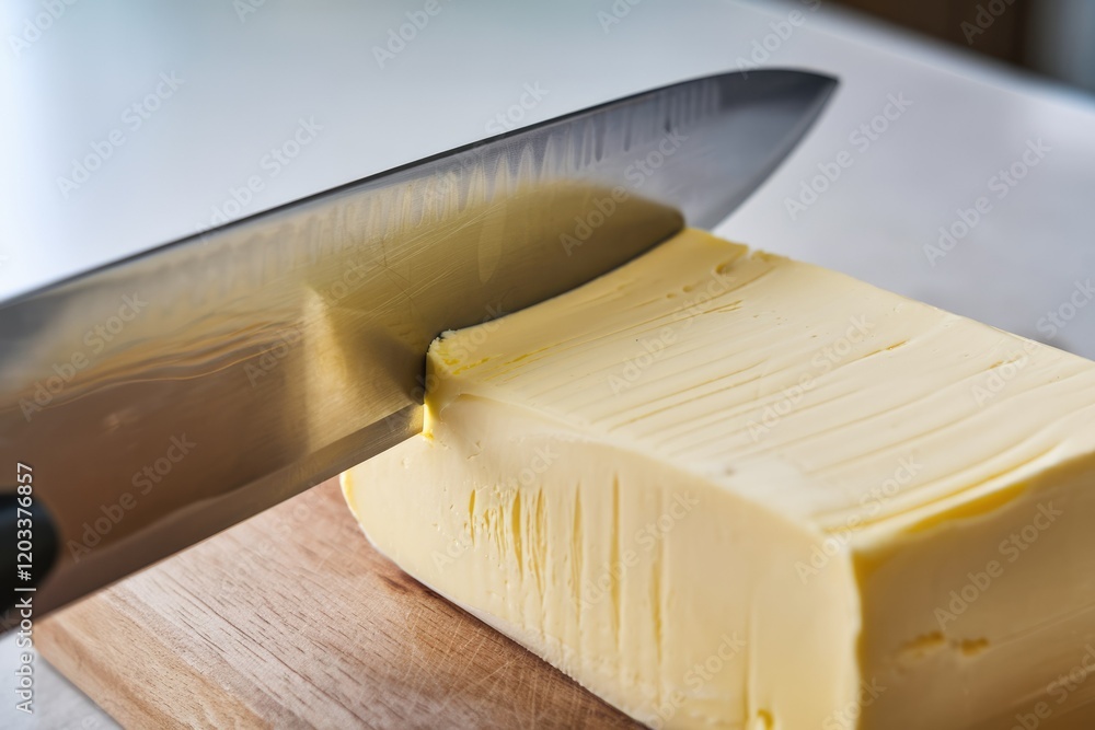 Aufkleber a sharp knife slices through a block of pale yellow butter, ready for use in cooking or baking.