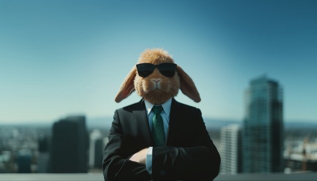 A brown rabbit mascotte with long ears, dressed like a secret agent, with black sunglasses.