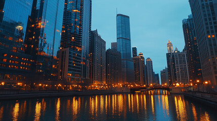 Obraz premium Skyscrapers in Downtown City with Modern Architecture at Dusk