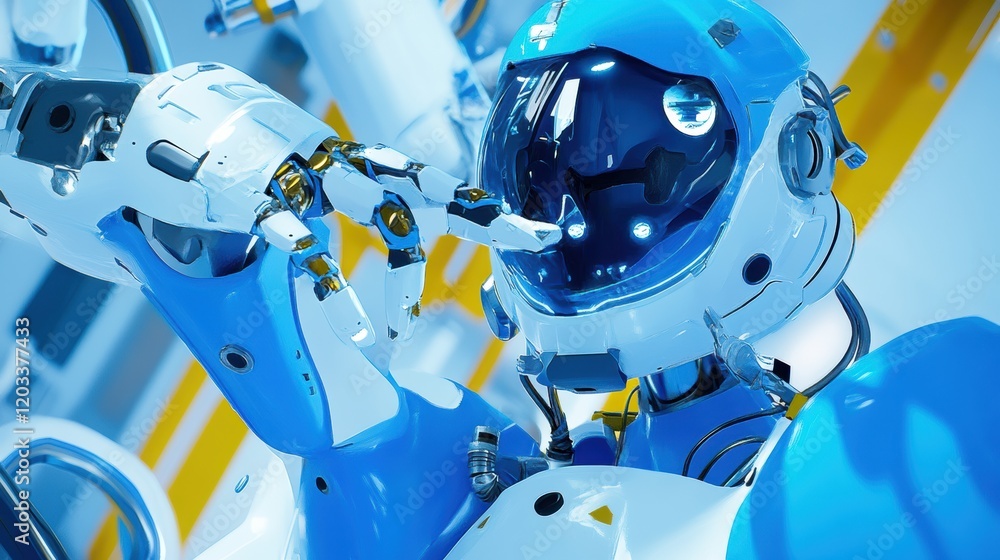 Poster futuristic robotic astronaut in a high-tech environment, interacting with advanced machinery