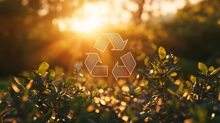 Sunset, recycle symbol, green leaves.
