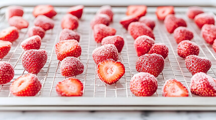 A tray filled with frozen strawberries coated in ice crystals, showcasing freshness and preservation for desserts or smoothies