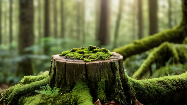 Forest scene with a moss-covered stump and soft-focus background.