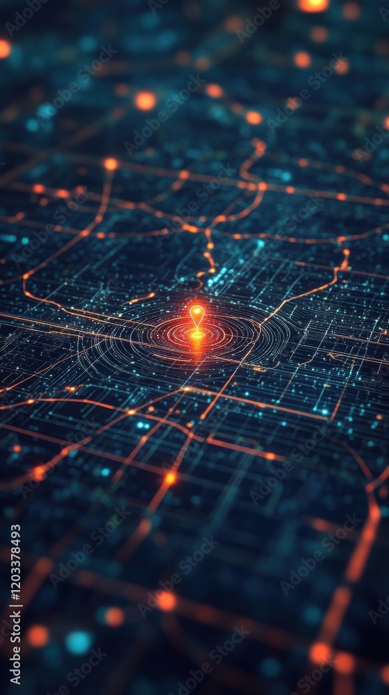 Poster futuristic city map navigation system digital location pinpoint on illuminated network