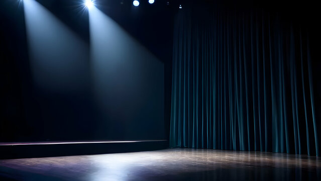 Dark curtain background with a focused spotlight on an empty stage, suited for talent or music contests.