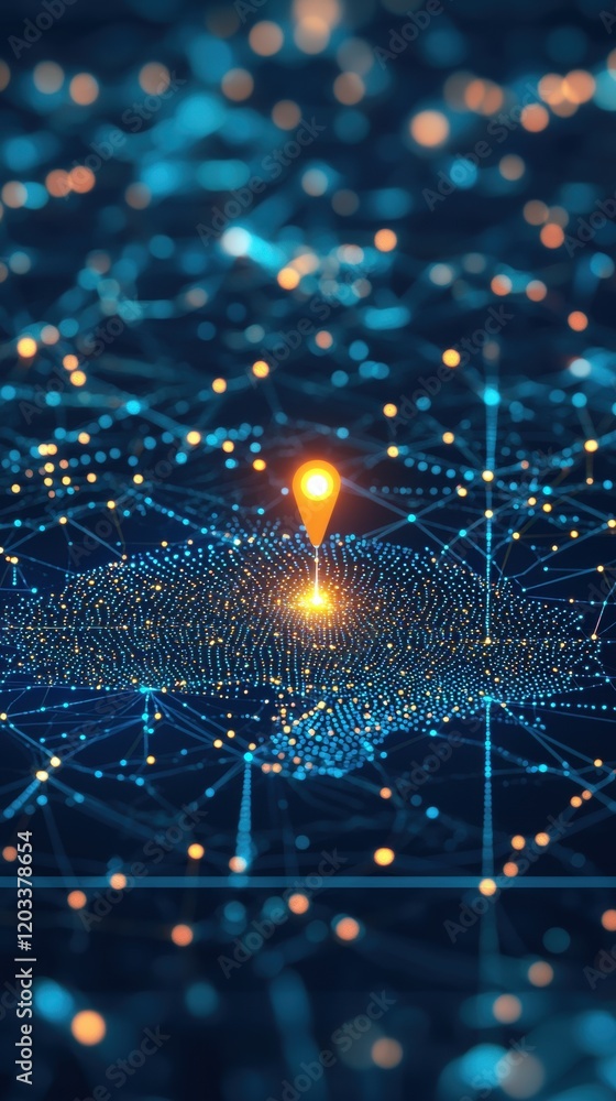 Poster global network connection illuminated location pin on abstract digital map