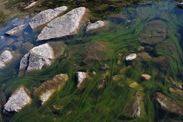Green algae floating in stream in Valley of Gasienicowa Ponds, Tatras Mountains, Poland