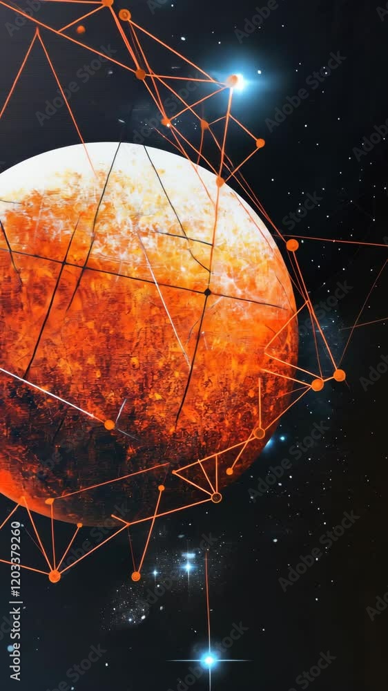 Poster cosmic view of a detailed orange planet with constellations in deep space illuminated by distant sta