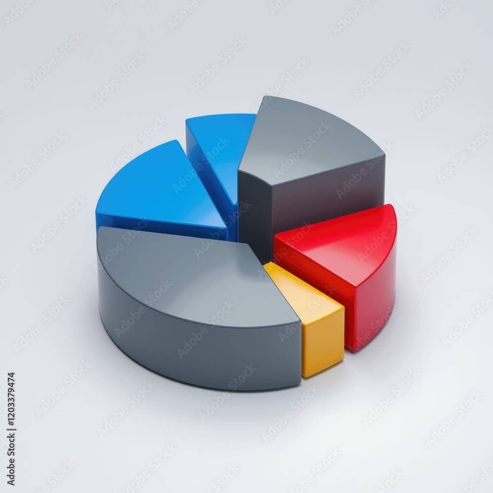 Poster A 3D pie chart displays segmented data using five vibrant colors for visual representation.
