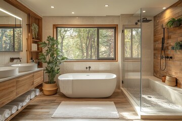 Elegant modern bathroom design featuring glass partition and indoor plants urban setting interior bright and natural aesthetic