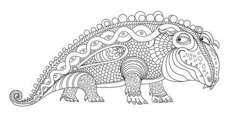 Hand drawn fairytale ornate dragon, black and white doodle for coloring book page
