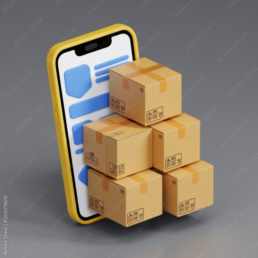 Poster Mobile phone displaying online order tracking with multiple cardboard boxes stacked on top.