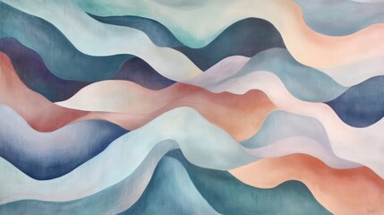 Obraz premium Abstract Pastel Wave Landscape Painting Serene Coastal Hills Art Modern Teal and Peach Hues Canvas