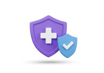 Fototapeta premium A 3D illustration of a purple shield with a large white cross in the center accompanied by a smaller blue shield with a checkmark