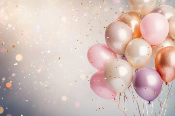 Pastel balloons float, confetti falls, celebration backdrop.