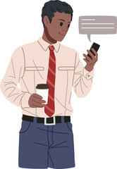 Male office employee reading message on mobile phone illustration