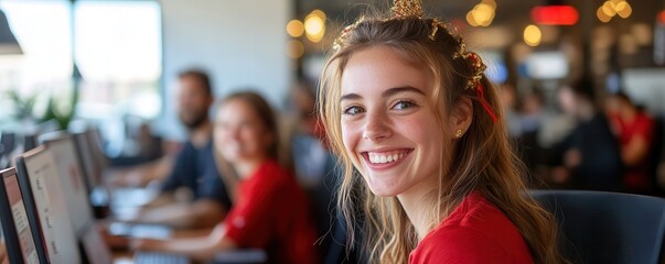 Group photo of smiling colleagues in a festive office, red and gold decorations creating a joyful Lunar New Year workplace vibe