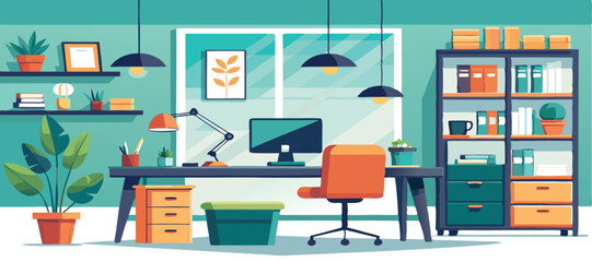 Office Workplace interior With Computer Table Vector