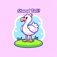 A cute cartoon goose stands confidently on green grass, with a light pink background and the phrase "Stand Tall!" above it.