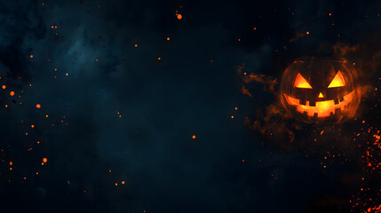 A fiery Jack-o'-Lantern with a menacing carved face emits glowing orange light and flames, set against a dark, smoky background. Perfect for Halloween, spooky designs, and eerie themes.