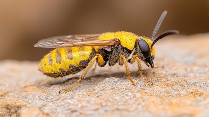 Yellow-banded bee on rock, close-up, blurred background, nature photography, stock image