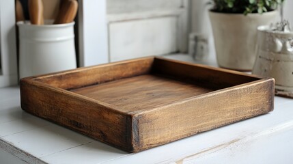 Rustic square wooden tray with visible imperfections and natural charm on a white tabletop 