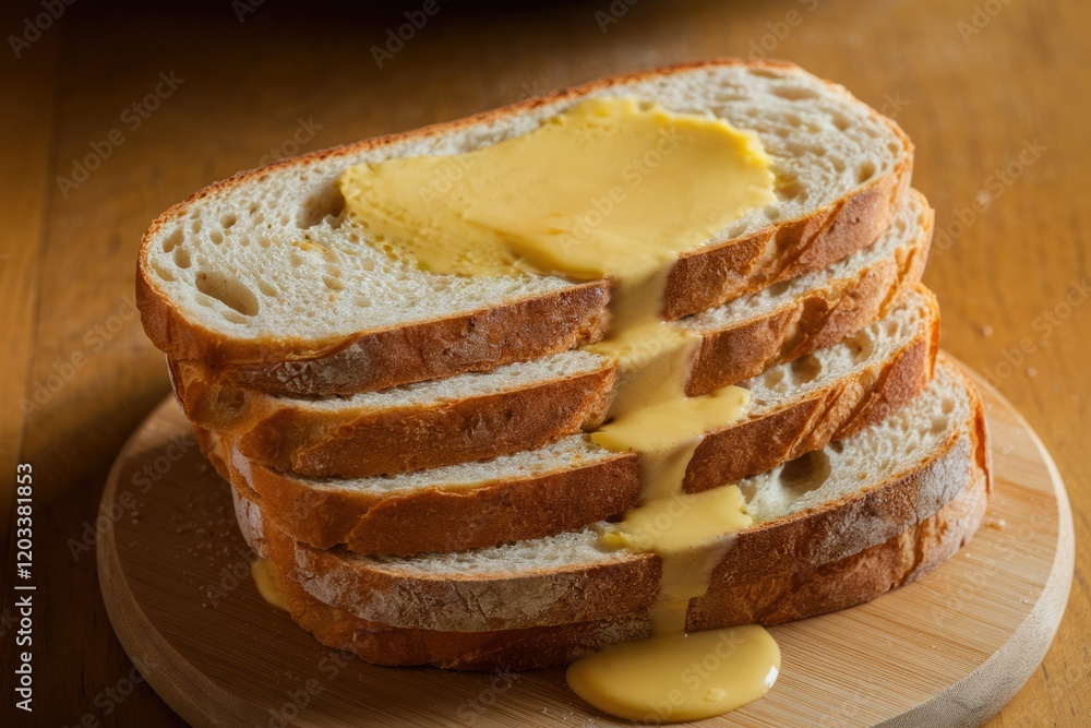 Poster a stack of crusty bread slices generously topped with melted, golden butter.